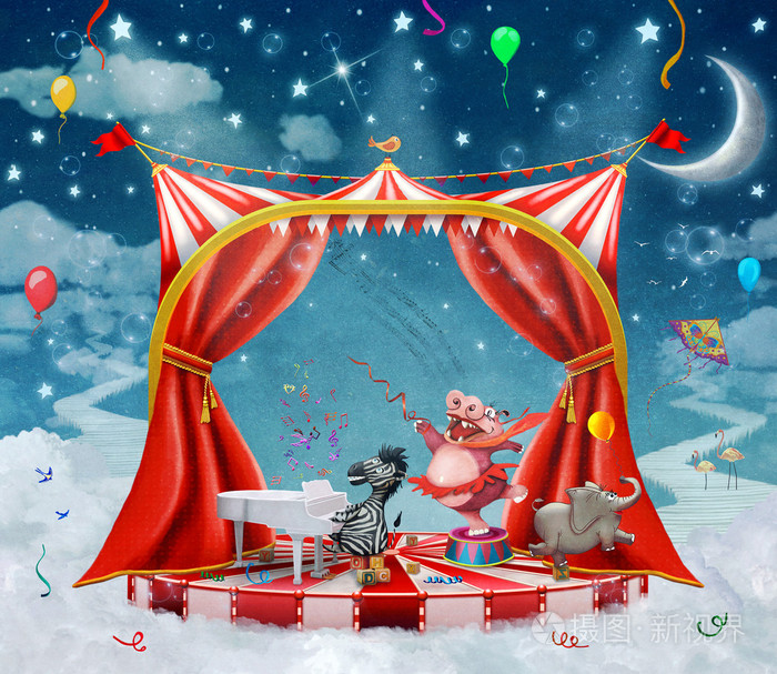 在舞台上可爱马戏团的动物在天空中的插图