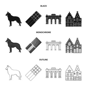 巧克力, 大教堂和其他标志的国家。比利时设置集合图标黑色, 单色, 轮廓样式矢量符号股票插画网站