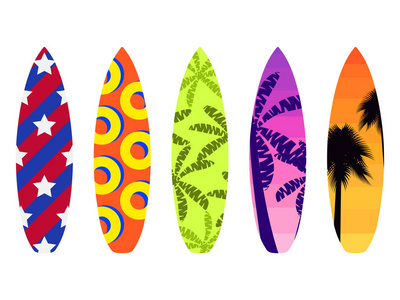 白色背景上的冲浪板。带图案的冲浪板的类型。热带, 棕榈树, 夏天的动机。矢量插图