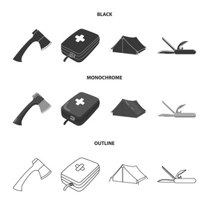 斧头, 急救箱, 旅游帐篷, 折叠刀。野营集合图标黑色, 单色, 轮廓样式矢量符号股票插画网站