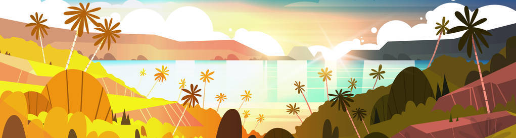 日落在热带海滩美丽的风景夏天海滨与棕榈树水平横幅