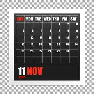 2018年11月日历相片框架在透明背景。秋天月份。矢量