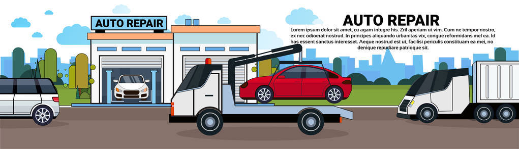 卡车拖车汽车 Repait 车库水平横幅与拷贝空间