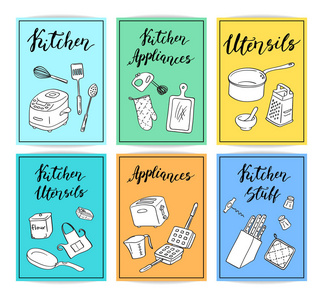 矢量厨房用具涂鸦图标卡模板集可爱的 letterings 插图