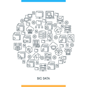 大数据技术的概念。主题存储分析组织同步和数据传输的现代图标。细线设计图标集合。矢量插图