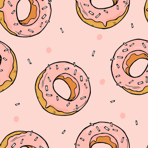 图案与美味的甜甜圈。在粉红色的背景明亮的时尚糖果。草绘样式中的矢量插图