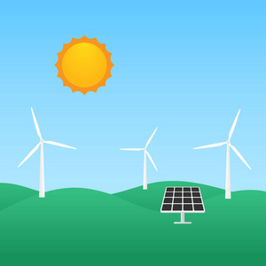 风车和太阳能电池板，可再生能源概念