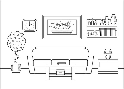 动画,插图,场景,背景,卡通等方面使用的椅子集客厅内有窗户的平面设计