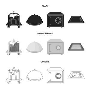 带行李的手推车, 保险箱, 游泳池, 离合器。酒店集合图标以黑色, 单色, 轮廓样式矢量符号股票插画网站