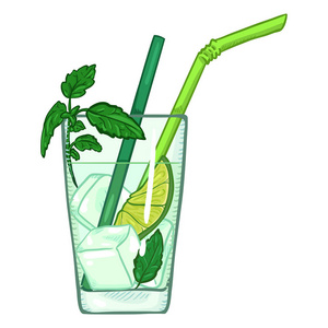 矢量卡通插画-莫吉托,冰,石灰和薄荷的玻璃照片