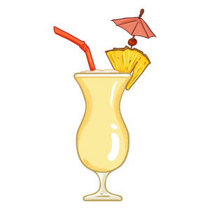 矢量卡通插画用吸管鸡尾酒伞和菠萝飘香的酒杯