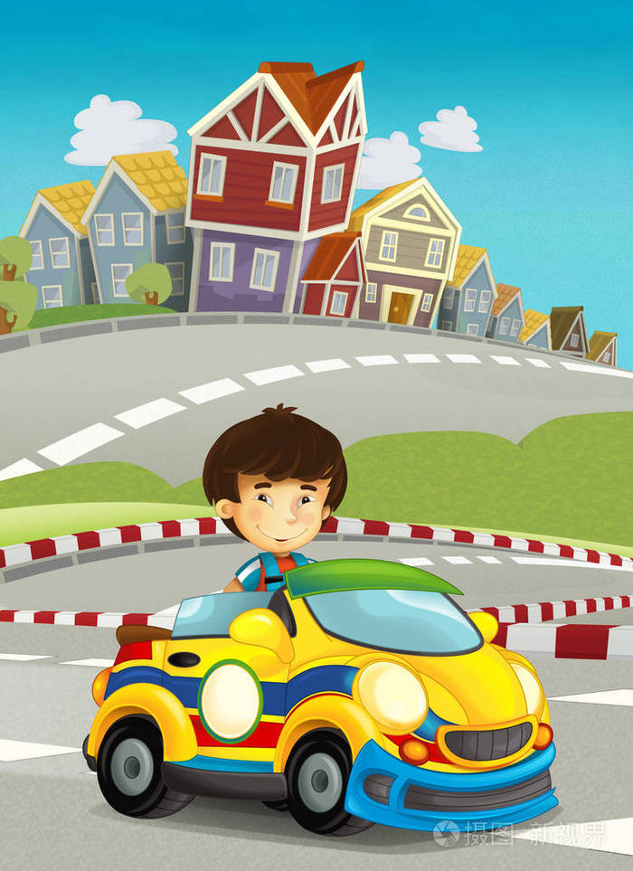卡通滑稽和快乐前瞻儿童-亚洲男孩在赛车赛道-儿童插画