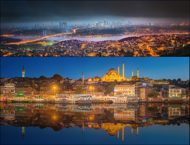 博斯普鲁斯海峡和伊斯坦堡的城市景观的美丽的景色