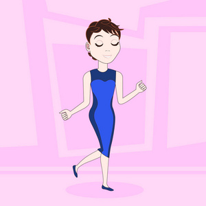 卡通女人在优雅的礼服滑稽跳舞的抽象粉红色背景