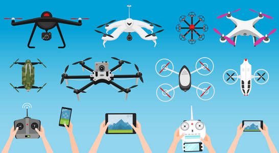 一套现代化的空中无人机和遥控。科学和现代技术。矢量插图。无线电机器人或飞机与照相机在空气中。创新系统和发展