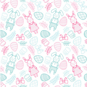 复活节假期的装饰矢量图案。兔子女孩和男孩, 鸡蛋, 花环, 蛋糕, 树枝, 弓和其他设计元素