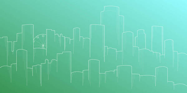 现代城市天际线背景平面式矢量图。建筑景观