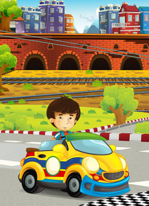 卡通滑稽和快乐前瞻儿童亚洲男孩在赛车赛道儿童插画