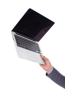 拿笔记本电脑被隔绝在白色背景上的手
