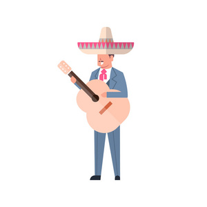 在白色背景下被隔绝的传统衣裳和草帽的墨西哥人与吉他