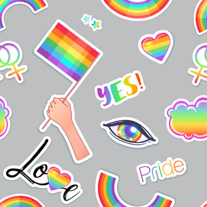 一套 lgbt 标志符号标签: 旗帜, 心, 徽章, 别针, 补丁, 彩虹颜色的