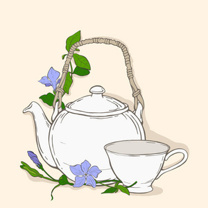 茶壶和杯和长春花的可爱海报