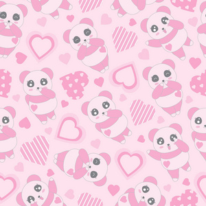 情人节那天图上粉红色背景可爱粉色熊猫和爱形状的无缝背景