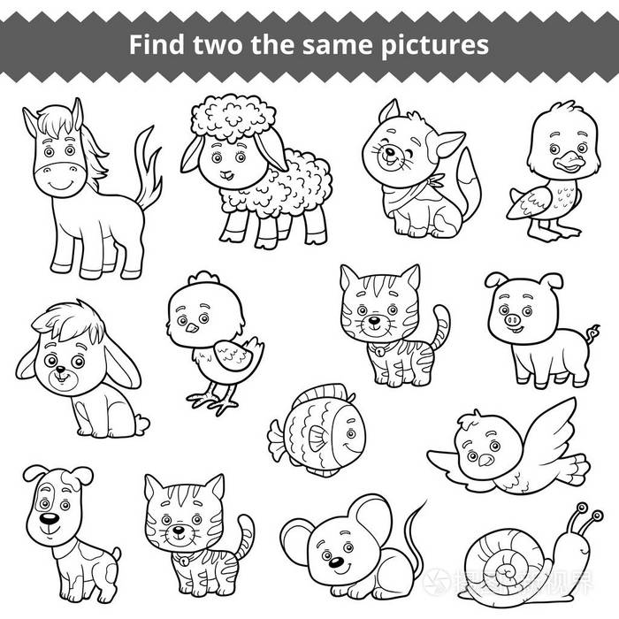 找到两个相同的图片, 矢量集的农场里的动物插画-正版商用图片0ggshk