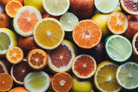 不同柑橘果实特写的混合