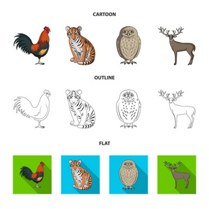 公鸡, 老虎, 鹿, 猫头鹰和其他动物。动物集合图标在卡通, 轮廓, 平面风格矢量符号股票插画网站