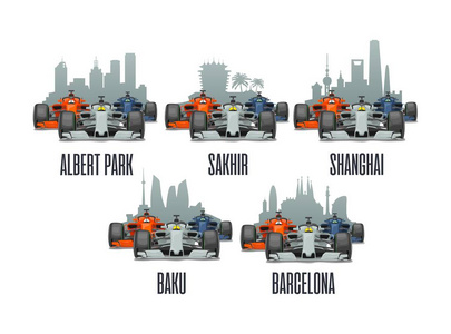 沙肯尔, 巴塞罗那, 上海, 墨尔本, 巴库。Cityline 和赛车在大奖赛上