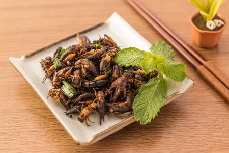 油炸昆虫蟋蟀昆虫与香兰后炸脆皮照片