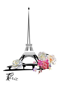 一套巴黎插图与花和埃菲尔铁塔