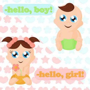 小男婴和女婴的矢量插图。可爱的婴儿与思考气泡, 地方为您的文本。在平面卡通风格可爱的婴儿字符