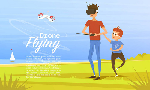 远程控制背景。现代无人机概念的网站, 卡和海报。男子教孩子在公园户外玩耍。无线电机器人, 视频技术。驾驶 multicopter