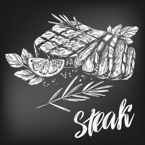 草药在黑板上食品肉类, 牛排, 烧烤套装, 书法文字, 手绘矢量插画写实