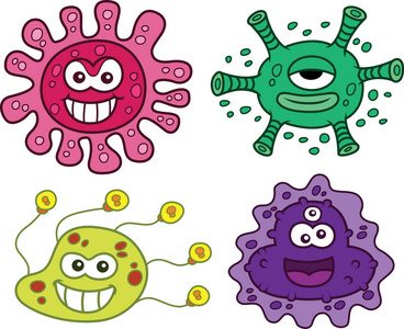 四种避孕套四种多彩病毒卡通人物.矢量图白色衬底上的分离照片