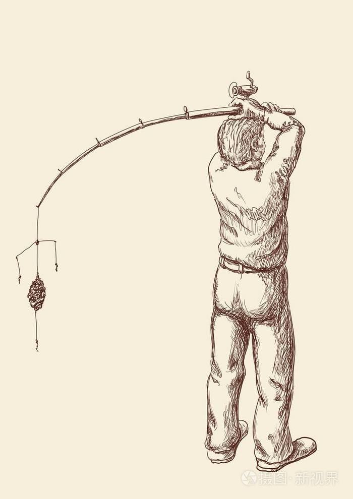 一个钓鱼竿的渔夫准备开始钓鱼了.