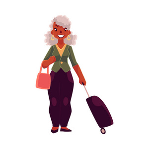 旧的 高级的非洲裔美国老妇与行李箱和手提包