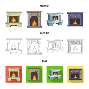 火, 温暖和舒适。壁炉集合图标在卡通, 轮廓, 平面风格矢量符号股票插画网站