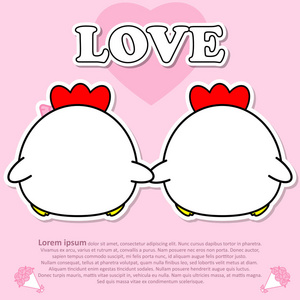 背面的可爱的夫妻可爱公鸡牵手一起在情人节和纸切贴纸概念