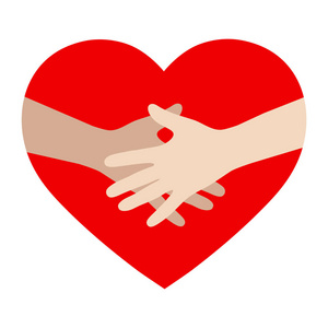 情人牵手徽标设计矢量模板.情人节爱的概念: 手牵手在心的背景上照片