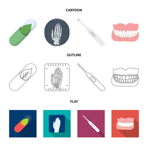 环保片, 电子温度计, 手 x 光, 义齿。医学集合图标在卡通, 轮廓, 平面风格矢量符号股票插画网站