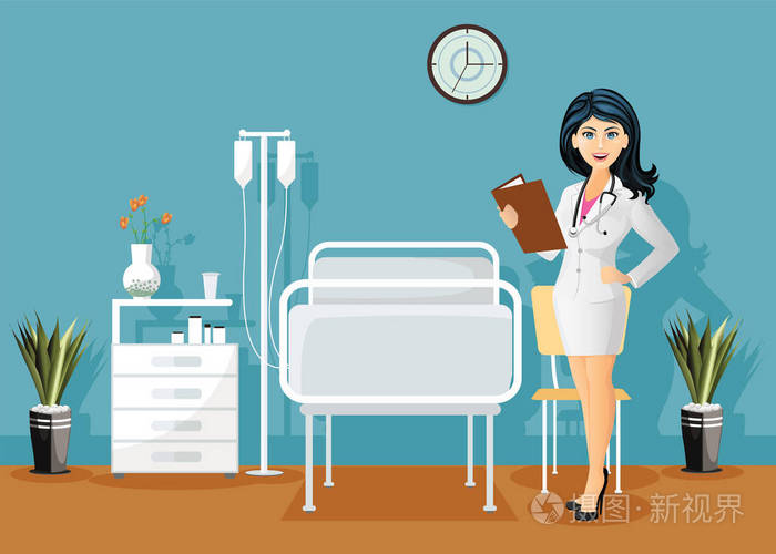 女医生用听诊器, 在医院病房保存病历, 医院室内矢量插图