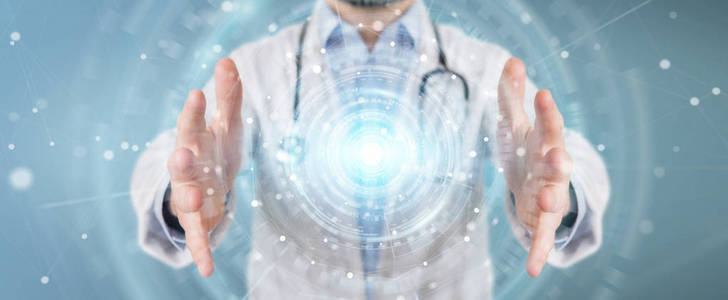 医生使用数字医学未来界面3d 渲染