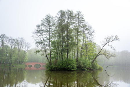 在有雾的早晨在公园内湖的小岛图片