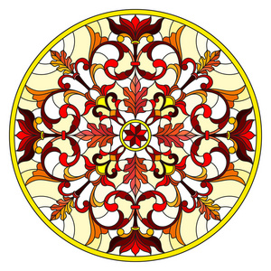 插图在彩色玻璃风格与抽象的花朵, 树叶和漩涡, 在白色背景上的圆形图像