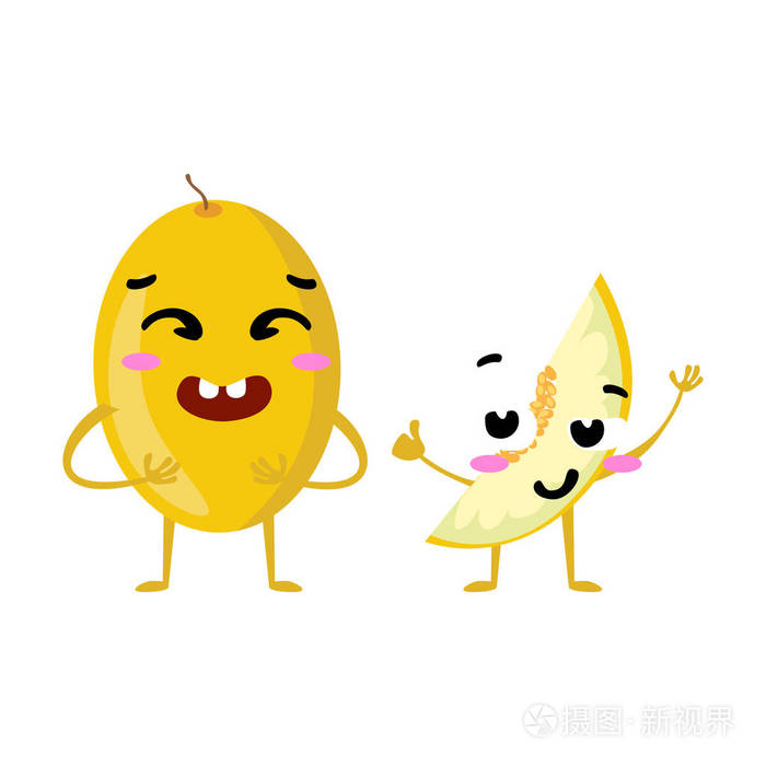 甜瓜.可爱的水果矢量字符几个孤立的白色背景上.搞笑表情的脸.插图