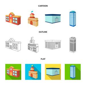 银行办公室, 摩天大楼, 市政厅大楼, 大学大楼。建筑和结构集合图标在卡通, 轮廓, 平面风格矢量符号股票插画网站