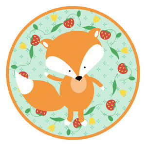 在圆形的绿色背景上可爱小狐狸幼崽.卡通动物婴儿用品及设计的东西.